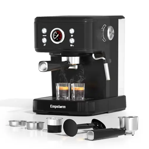 Empstorm Espresso Siebträgermaschine mit Milchaufschäumer, 2 in 1 für Kaffeepulver & Kaffeekapseln, Schwarz