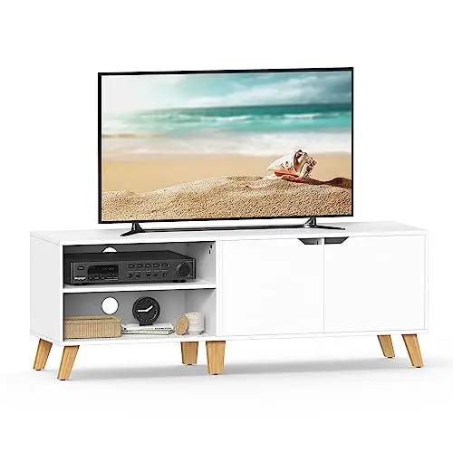 VASAGLE TV-Schrank, 140 cm, für Fernseher bis 60 Zoll, mit 2 Türen und verstellbaren Ablagen, weiß