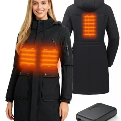 HEWINZE Damen beheizte Softshell-Langjacke mit abnehmbarer Kapuze