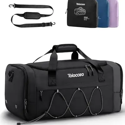 Tolaccea 35L Faltbare Sport- und Reisetasche – Ultraleicht mit Schuh- und Nassfach (Schwarz)