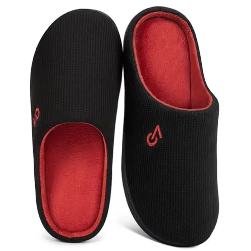 VeraCosy Herren Hausschuhe aus Memory-Schaum, Schwarz/Rubinrot, 44/45 EU