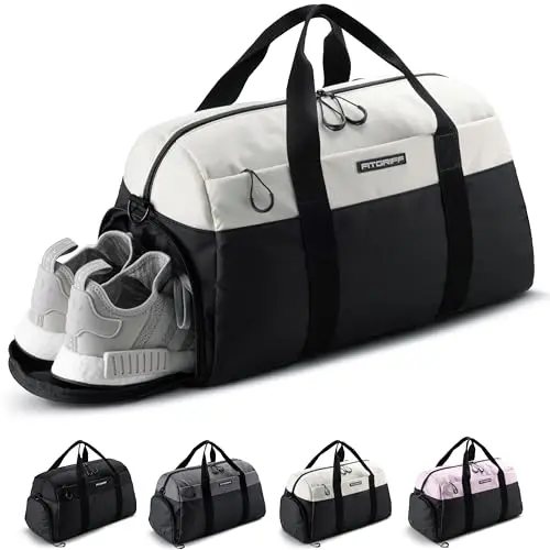 Fitgriff® Sport- und Reisetasche V2 für Damen und Herren - mit Schuh- und Nassfach - Gym Bag (Schwarz/Creme Weiß, Klein)