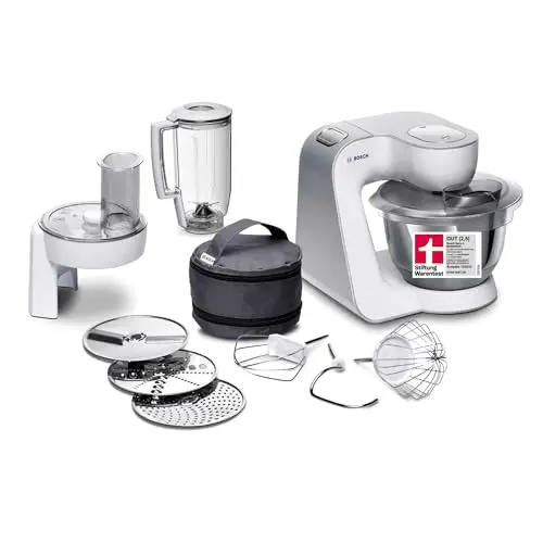 Bosch Küchenmaschine Serie 4, Edelstahl, 1000W, inklusive Mixer und Schneidscheiben, spülmaschinenfest, 3,9L Schüssel, weiß