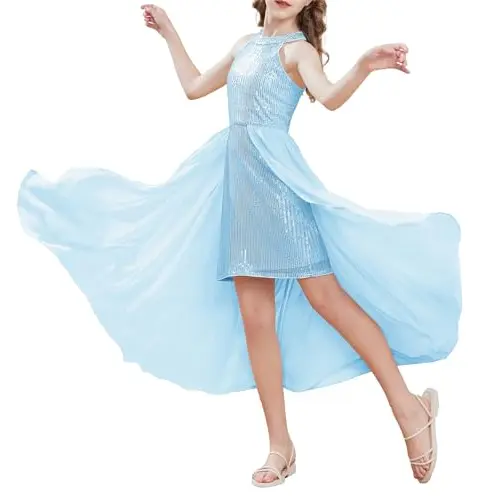 Ärmelloses Chiffon-Partykleid für Mädchen mit Pailletten in Hellblau, Größe 12-14 Jahre