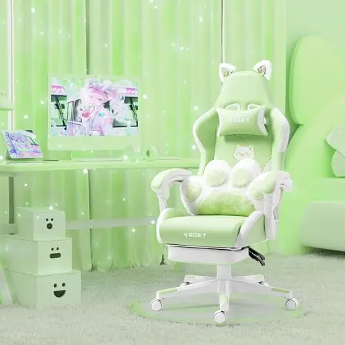 Vigosit Gaming Stuhl mit Katzenohren und Lendenkissen, ergonomisch und verstellbar, für Mädchen und Kinder, Grün