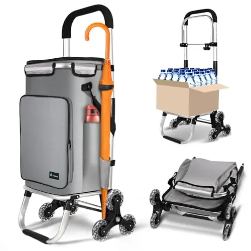VOUNOT® Aluminium Einkaufstrolley, 3 in 1 Klappbarer Einkaufswagen mit Kühlfach, 6 Rädern, Grau