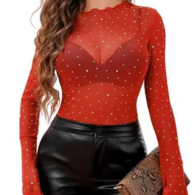 Avidlove Damen Sexy Langarm Top - Elegante Bluse für Festivals und Partys, Rot, Größe L
