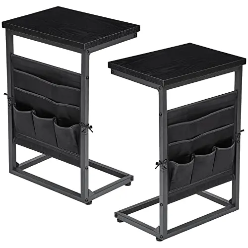 AMHANCIBLE C-Form Beistelltisch 2er Set, Holz Sofa Tisch mit Aufbewahrung, Kaffeetisch für Wohnzimmer