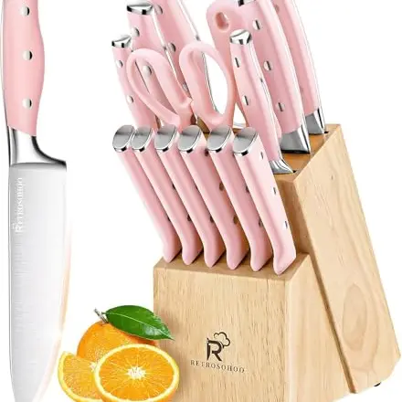 15-teiliges Küchenmesser Set mit Holzblock und rosa Edelstahlmessern