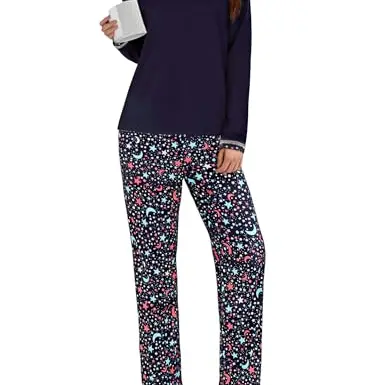 Uniexcosm Damen Langschlafanzug aus Baumwolle – Rundhals, Langarm Oberteil und Pyjamahose, Loungewear für den Winter
