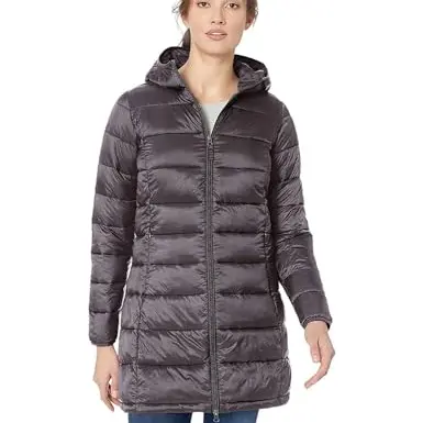 Amazon Essentials Damen leichte Steppjacke mit Kapuze, dunkelgrau meliert, Größe L