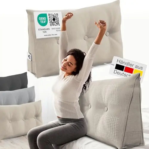ELONEO Rückenkissen 100 cm - Keilkissen für Bett und Sofa, dreieckiges Lesekissen mit abnehmbarem Bezug und Seitenfach