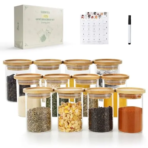 LIBWYS 12er Gewürzgläser Set mit Bambus Deckeln – 180ml Gewürzbehälter aus Borosilikatglas mit 120 Etiketten