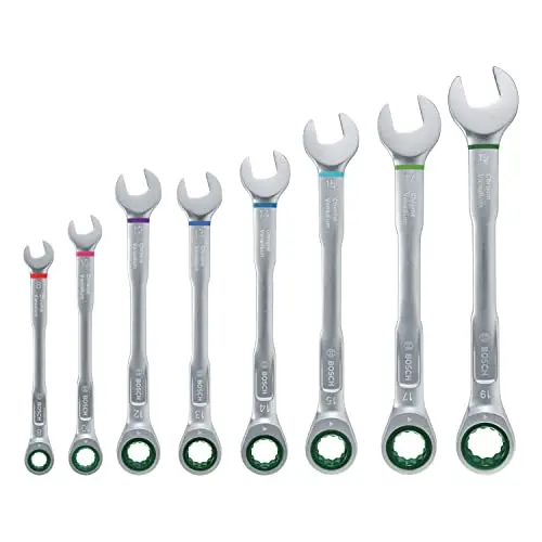 Bosch Schraubenschlüssel-Set, 8-teilig – Maul- und Ratschen-Kombischlüssel, rostbeständig, farbcodierte Größen