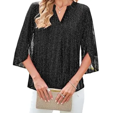 Toplop Damen Bluse V-Ausschnitt 3/4 Arm Elegant Glockenärmel Schwarz M