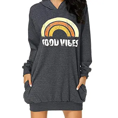 Cassiecy Damen Hoodie Kleid Pullover Langarm Herbst Mini Kleid - Rainbow, L