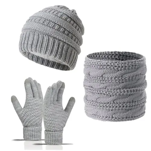 Satiskid Damen Mütze, Schal und Handschuhe Set für kaltes Wetter (Grau)