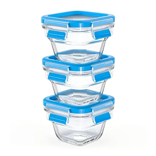 Emsa Clip & Close Glas Frischhaltedosen-Set, 3-teilig, stapelbar, 100% dicht, spülmaschinenfest, Transparent/Blau
