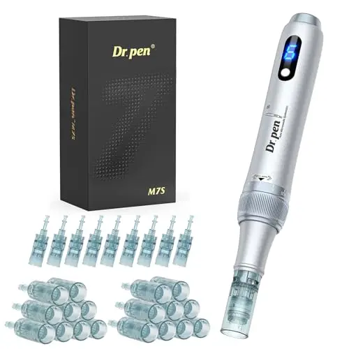 Dr. Pen M7S Microneedling Pen - Drahtloses Derma Pen Set mit 27 Cartridges für Gesicht/Körper/Haarwachstum - Silber