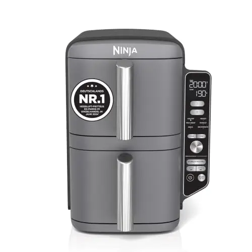 Ninja Double Stack XL Heißluftfritteuse, 9,5L, Doppelkorb, 6 Kochfunktionen, platzsparend, für 8 Portionen, grau