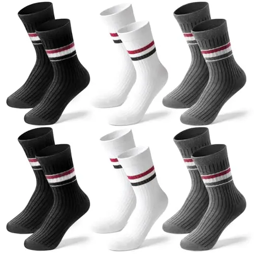 6 Paar Damen Tennissocken Baumwoll, atmungsaktiv, Streifen, Größe 35-38, ideal für Sport, Arbeit & Freizeit