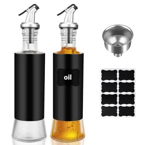 Essig- und Ölspender Set 300 ml, 2 Stück Edelstahl Karaffen mit Ausgießer und Etikett für Küche