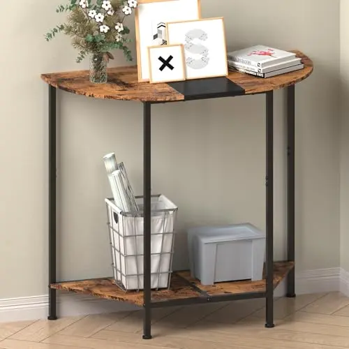 Halbrunder Konsolentisch, 83 cm, schmaler Beistelltisch mit 2 Ablagen, Vintagebraun-Schwarz