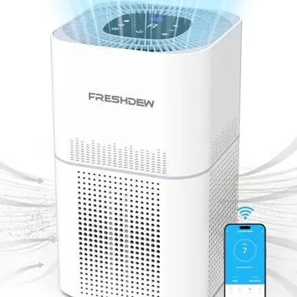 FRESHDEW Luftreiniger für Allergiker und Raucherzimmer mit Wi-Fi und App, 4-Stufen Luftfilter, HEPA 13, Weiß