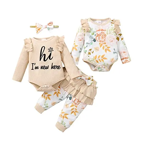 Borlai 4-teiliges Baby Mädchen Outfit Set - Rüschenoberteil mit Blumenhosen und Stirnband (0-18 Monate)