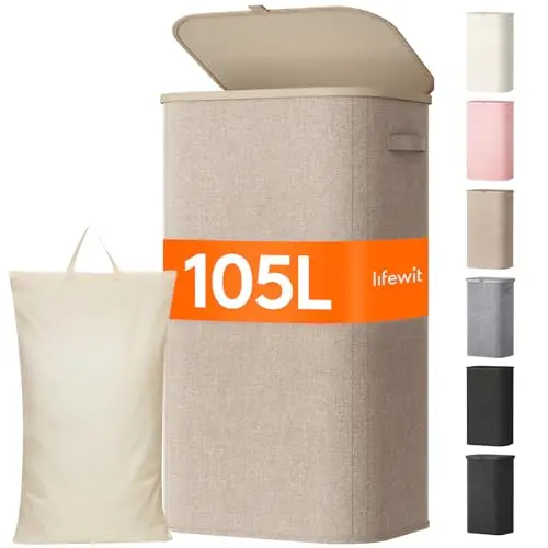 Lifewit 105L Wäschekorb mit Deckel, großer, faltbarer Wäschekorb für Schlafzimmer und Bad, Beige