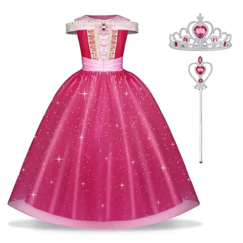 URAQT Aurora Mädchen Prinzessin Kleid, 3tlg. Kostüm Set mit Krone und Zauberstab für Karneval und Mottoparty