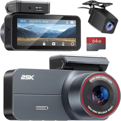 Dashcam Front und Heck 2.5K / 1080P QHD, Nachtsicht, Loop Recording, 64GB Karte, 160° Weitwinkel - Schwarz