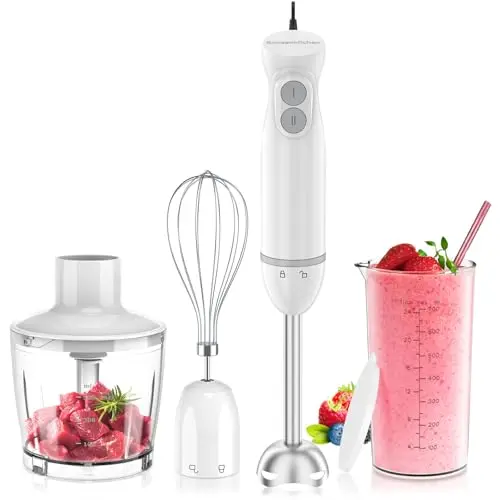 Bonsenkitchen Pürierstab 1000W mit Lebensmittelhacker, Messbecher und Schneebesen - für Babynahrung, Suppen und Smoothies, Weiß