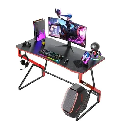 CubiCubi Gaming Tisch 100x60 cm mit Kohlefaseroberfläche und Kopfhörerhaken, stabiler PC Tisch, Schwarz