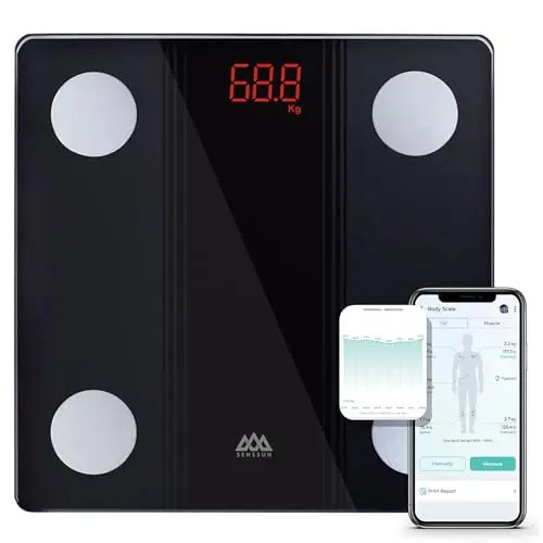 SENSSUN Körperfettwaage mit App & Bluetooth, Körperanalyse, 150 kg, LED-Display, 26x26 cm, Schwarz