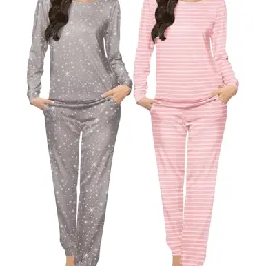 Ekouaer Damenschlafanzug 2-teilig Frottee Langarm Nachthemd Winter Lounge Set mit Sternen und Streifen