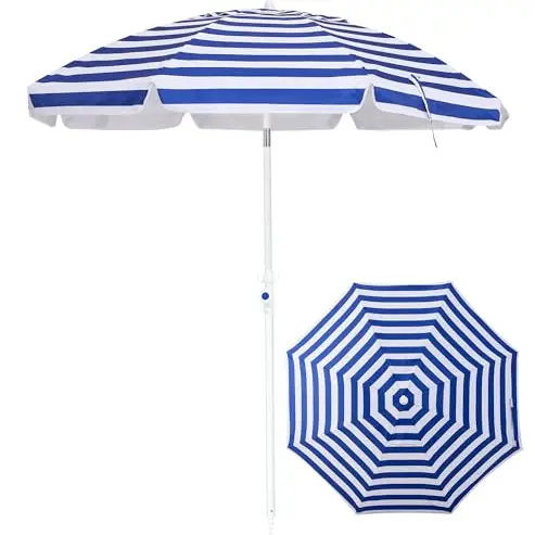 Palawano 1,8 m Strandsonnenschirm mit Neigung, UV 50+, für Strand, Garten, Terrasse & Pool, Blau-Weiße