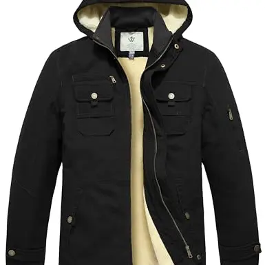 WenVen Herren Winterjacke Baumwolle Parka Fleece Schwarz Größe S