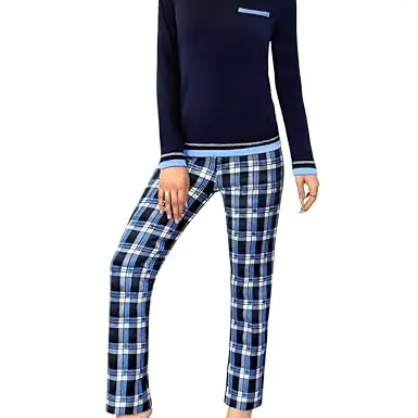 Marvmys Damen Schlafanzug Lang Baumwolle Zweiteilig mit Langarm Shirt und Karierter Pyjamahose Blau