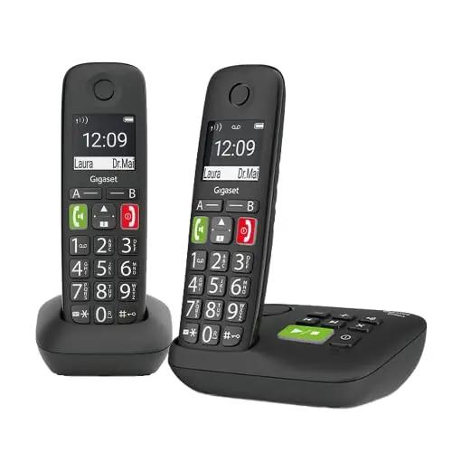 Gigaset E290A DUO - 2 schnurlose Senioren DECT-Telefone mit Anrufbeantworter und großen Tasten, schwarz