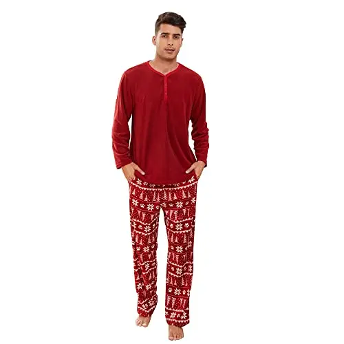 U2SKIIN Herren Fleece Pyjama Set, Karierte Schlafanzüge für gemütliche Nächte (Dunkelrot/Weihnachtsbaum, L)