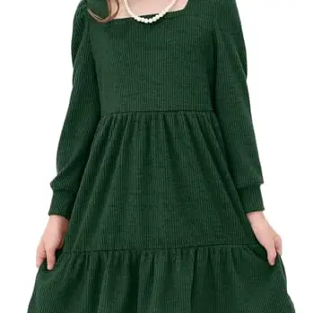 JiAmy Mädchen Kleid, weich gestrickt, langärmlig, grün, warm, mit Taschen, für Herbst und Winter, 3-4 Jahre