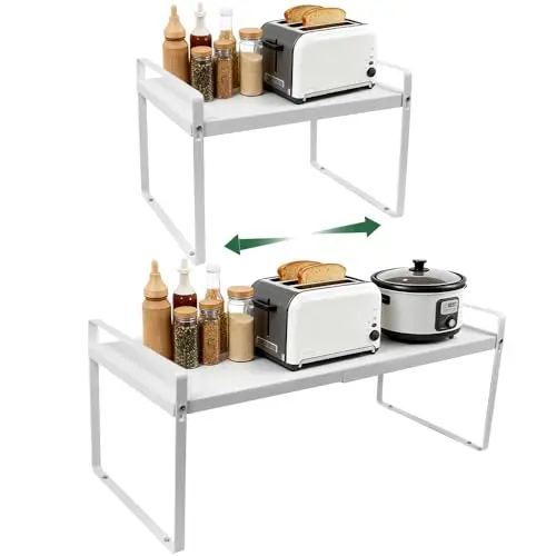 Zuxbolf Erweiterbarer Küchenregal Organizer, Verstellbar 34.5-62.5cm, Stapelbar für Küche, Bad, Weiß