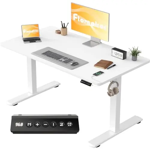 Flamaker Höhenverstellbarer Schreibtisch 110 x 53 cm mit Memory-Steuerung und USB-Aufladung (Weiß)