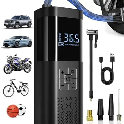 SERVOMASTER Elektrische Luftpumpe - Tragbarer Mini Kompressor mit Manometer und LED für Auto, Motorrad und Fahrrad