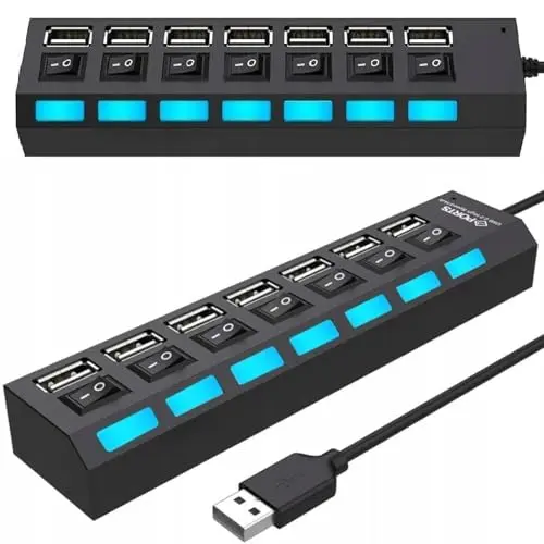 Retoo Hub USB 7 Port Adapter mit Power-Schalter & LED, langlebiges Kabel, ideal für PC, Laptop & Powerbank