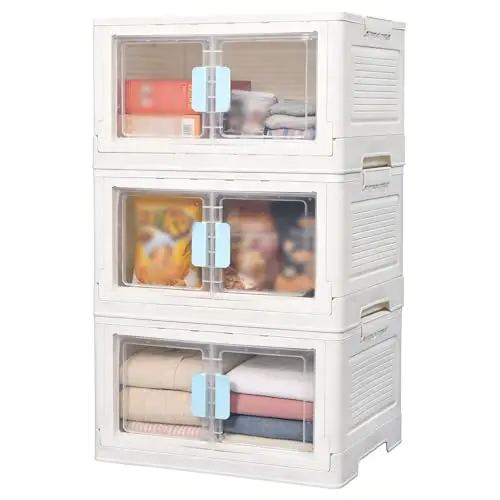 Vunanvu 3er Pack stapelbare Aufbewahrungsbox mit Rollen und Deckel, faltbare Boxen für Büro und Zuhause, 50 L pro Ebene