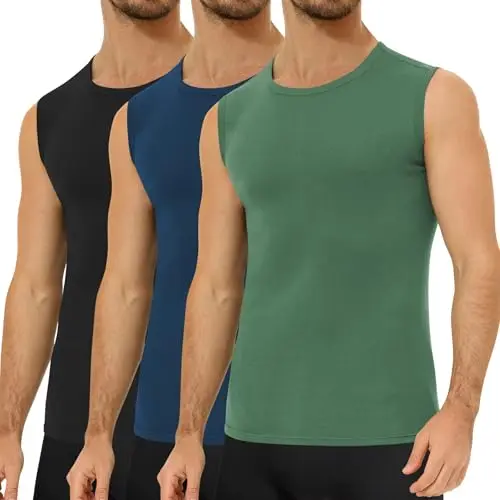 Falechay 3er Pack Herren Unterhemden, Baumwolle, Ärmellos, Schwarz-Marine-Olive, XL