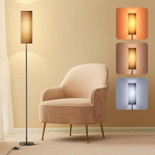 Lithomy 9W Dimmbare LED Stehlampe mit Leinen Lampenschirm & Fußschalter, Vintage Design für Wohnzimmer & Schlafzimmer, Schwarz