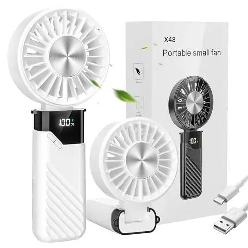 Mini Handventilator Akku, Tragbarer USB Ventilator mit 5 Geschwindigkeitsstufen für Büro und Outdoor (Weiß)